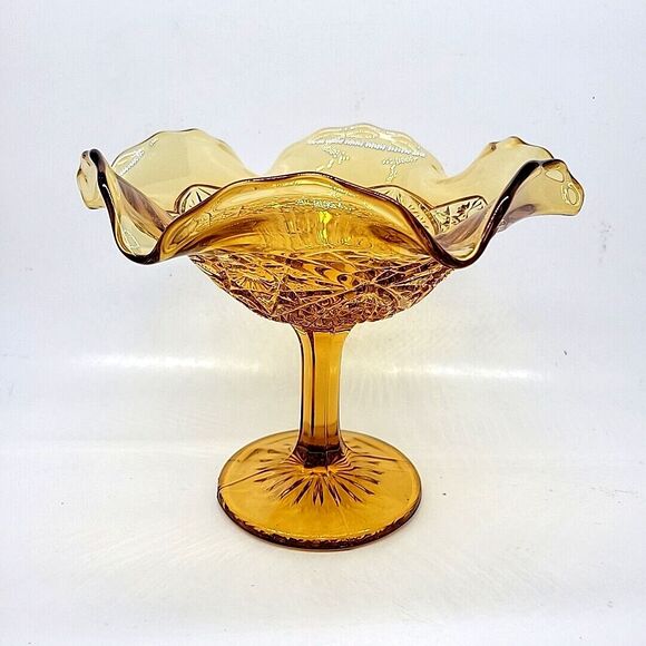 Imperial Glass Hobstar Amber Compote Pedestal Compote  Ruffled Bowl Candy Dish - Picture 1 of 7